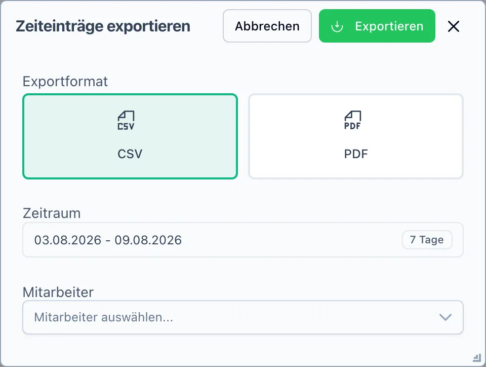 Der Dialog „Zeiteinträge exportieren" mit Formatwahl, Zeitraum, Mitarbeiterauswahl und Gruppierung