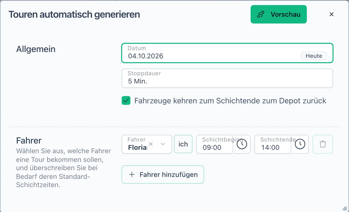 Dialog Touren automatisch generieren mit Datum, Stoppdauer, Rückkehr zum Depot und einer Fahrerzeile