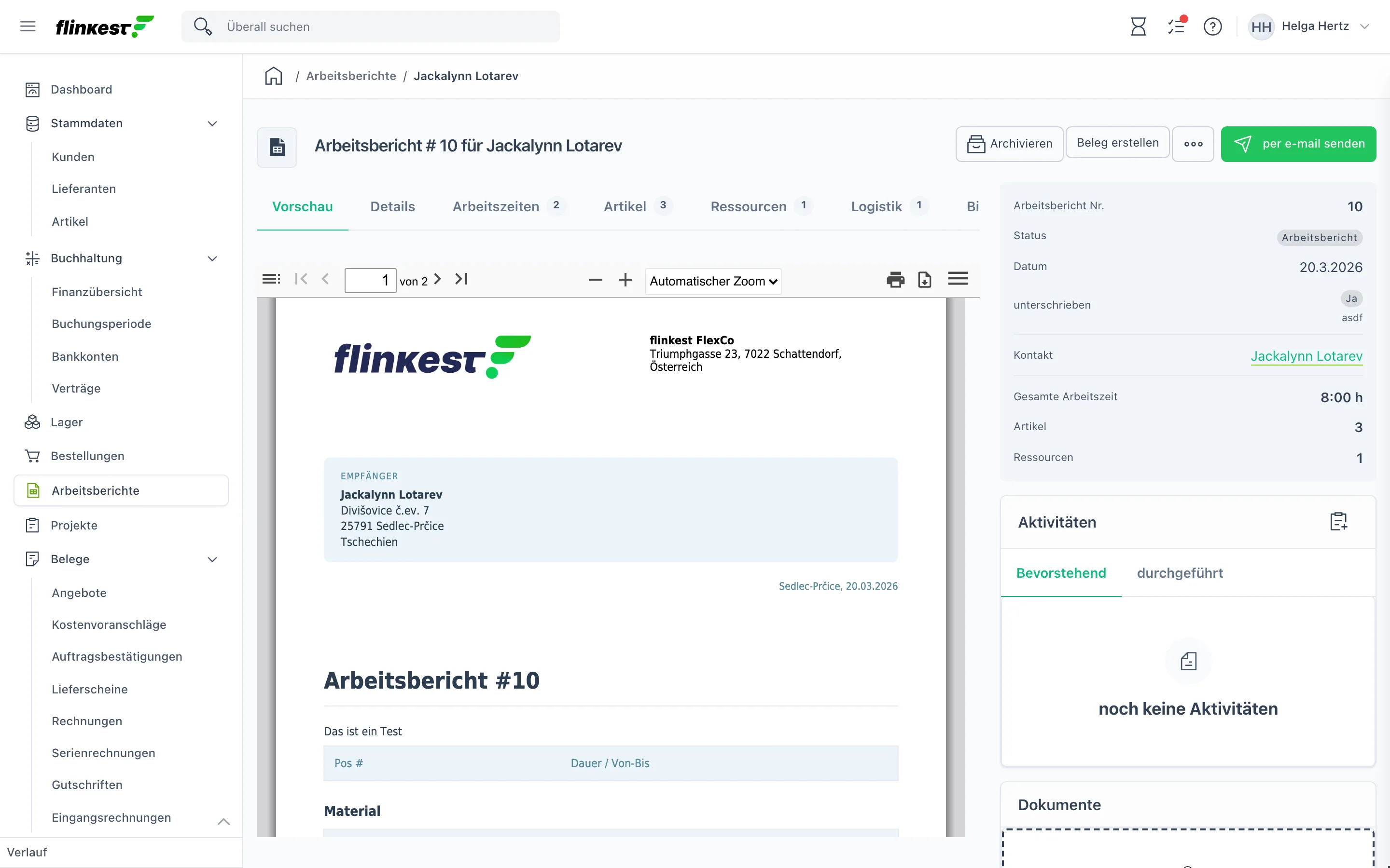 Detailansicht eines Arbeitsberichts mit PDF-Vorschau, Kennzahlen, Aktivitäten und Dokumenten