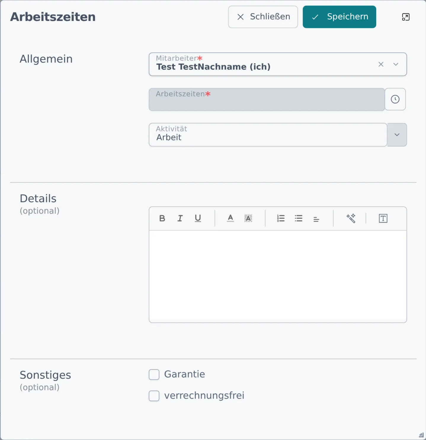 Der Dialog „Arbeitszeiten" mit Mitarbeiter, Zeitraum-Auswahl und den Kennzeichen Garantie/verrechnungsfrei